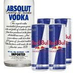 Garrafa de Absolut com 4 latas de Red Bull