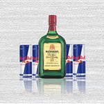Garrafa de Buchanan's 12 anos com 4 latas de Red Bull