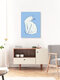 Mockup Wall art featuring a stylized white cat, modern blue line art in a minimalist style.