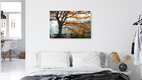 Mockup Photo art: serene autumn landscape with fog over a lake and a tree