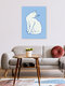 Mockup Wall art featuring a stylized white cat, modern blue line art in a minimalist style.