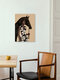 Mockup Illustration of a woman in bold print with a black horse, a calm and harmonious scene.
