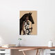 Mockup Illustration of a woman in bold print with a black horse, a calm and harmonious scene.