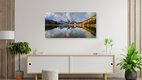 Mockup Photo art: serene view of Misurina Lake, surrounded by golden larches in autumn light.