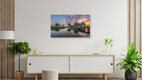 Mockup Sunrise over windmills in Holland with calm reflection in the water