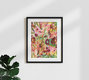 Mockup Wall art featuring a vibrant garden landscape filled with flowers and plants.