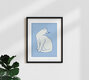 Mockup Wall art featuring a stylized white cat, modern blue line art in a minimalist style.