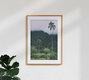 Mockup Palm leaves and jungle in Camiguin, Philippines, under a cloudy sky.