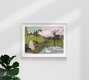 Mockup Illustration by Katherine Blower: ducks at a pond in spring, surrounded by blooming plants.