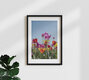 Mockup Colorful tulips against a blue sky, cheerful spring atmosphere.