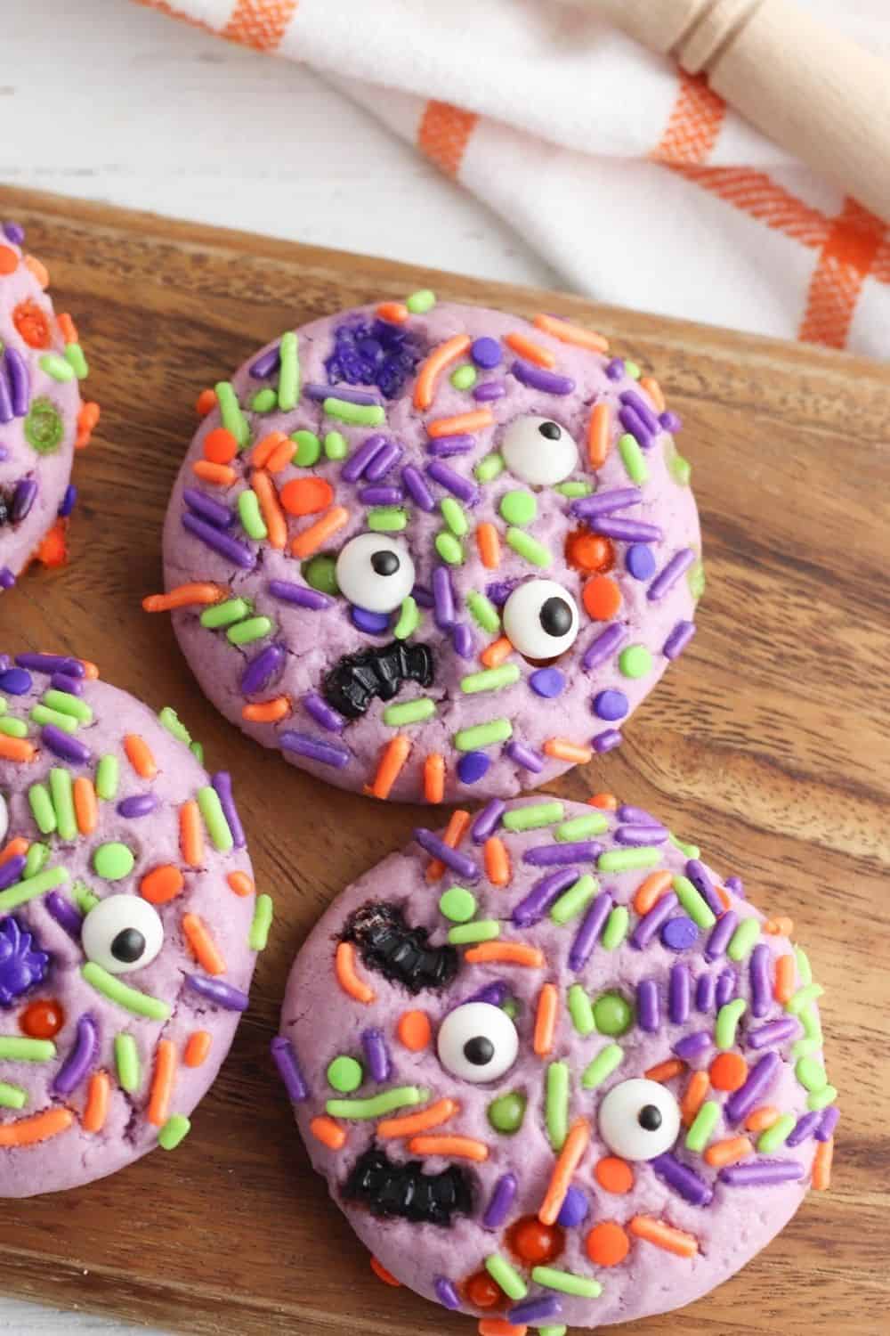 Making Halloween Monster Sprinkle Cookies is easier than you might think. With only 30 minutes of preparation and 10 minutes of baking time, you can have these easy Halloween cookies ready for your loved ones in less than an hour.