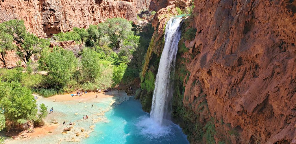 White waters of the tall Havasu Falls plunge down red cliffs and into blue green pools of water.