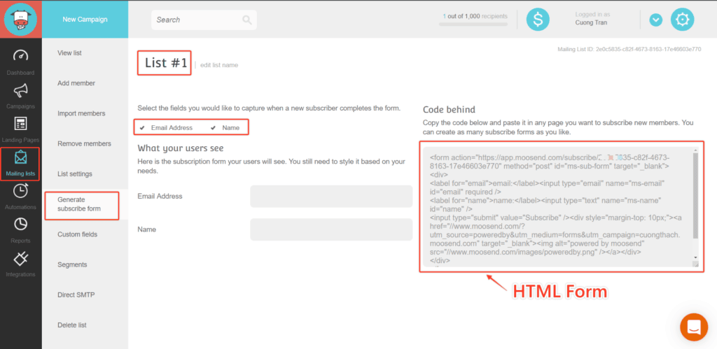 Tao Html Form In Moosend