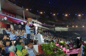 President Jokowi gives his remarks at the opening of the 19th National Games in Bandung LautanApi sport stadium in Bandung, West Java, Saturday (17/9). (Photo by: Public Relations Division/Rahmat)