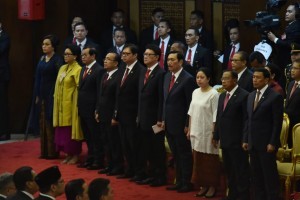 Working Cabinet ministers attend the State Address on the Occasion of the 73rd Anniversary of the Proclamation of Independence of the Republic of Indonesia before the Joint Session of the House of Representatives and the Regional Representatives Council of the Republic of Indonesia, at Nusantara Building, Jakarta, Thursday (16/8). (Photo by: PR Division/Oji)