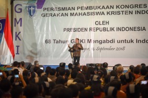 President Jokowi delivers his remarks during the opening of the XXXVI Congress of Indonesian Christian Students Movement (GMKI) in Bogor, West Java, Friday (9/14). (Photo by: Agung/Public Relations Division of Cabinet Secretariat)