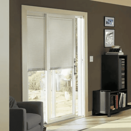 WHITE SLIDING PATIO DOORS WITH BUILT IN BLINDS