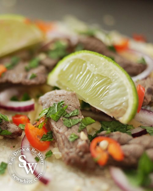 Fresh lie on a bed of steak, chilli and red onion with corriander for the Mojito Beef Quesadillas