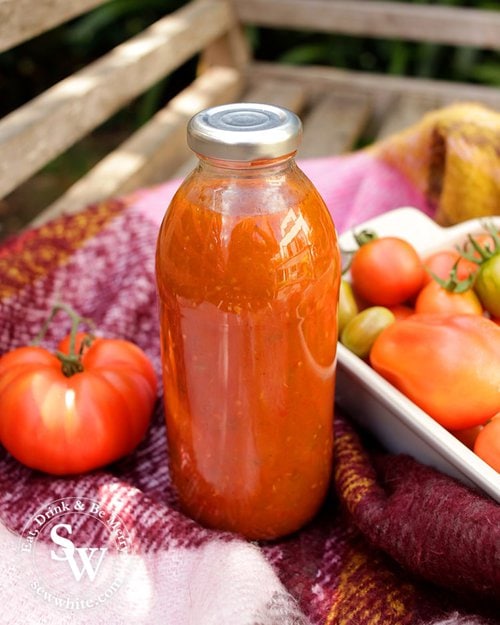 Freshly made tomato ketchup next to the vegetable garden.