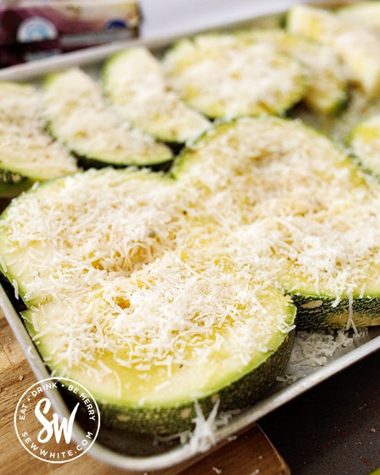 Roasted Parmesan Courgettes Zucchini on a roasting tray