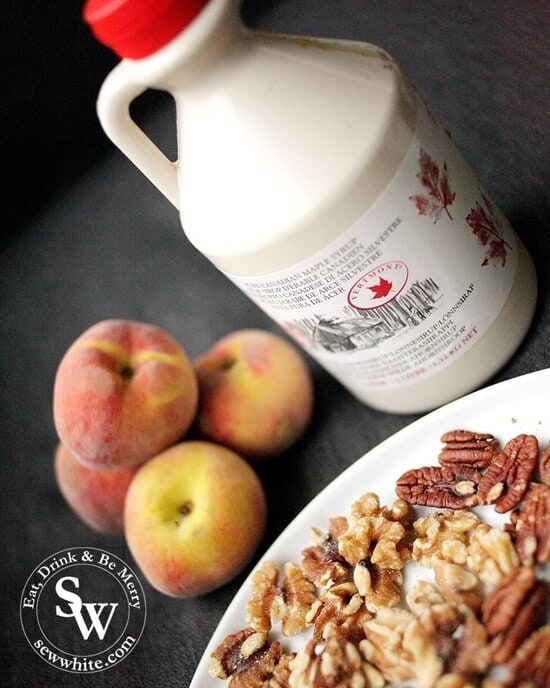 Peaches, walnuts, pecans and maple syrup waiting to be turned into a BBQ salad.