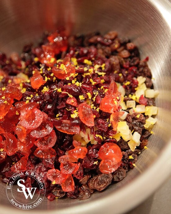 mixed fruit with glace cherries and nuts ready to made in to a crhsitmas pudding.
