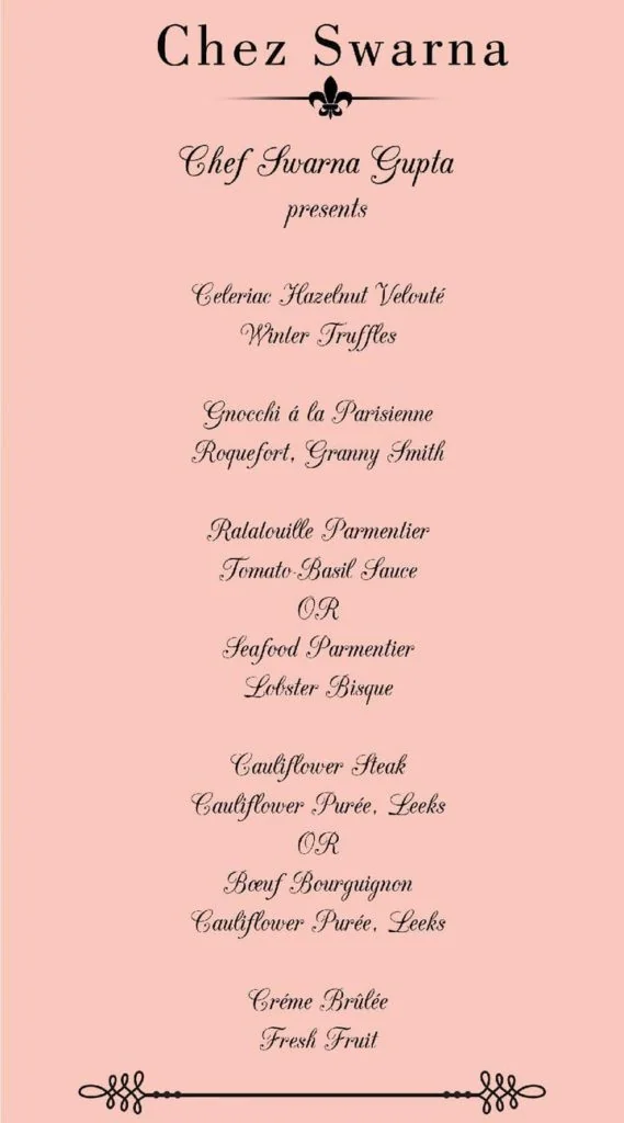 Chef Swarna Gupta menu for the french supperclub.
