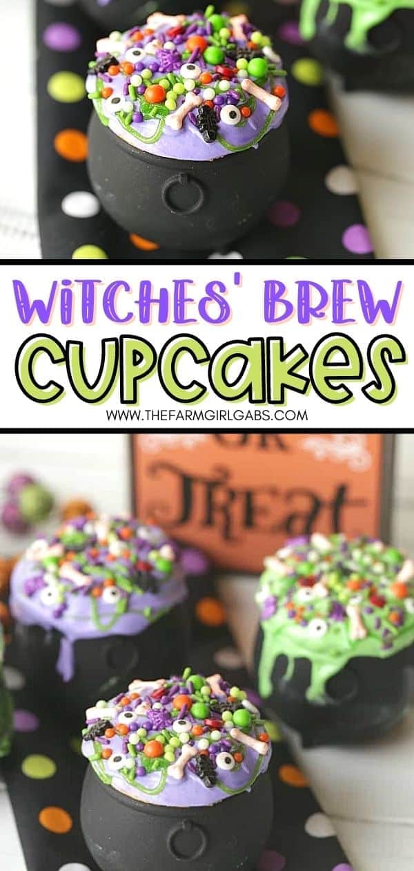Double, double, toil and trouble. These Witches’ Brew Cupcakes are the perfect Halloween treat. These bewitching cupcakes are perfect for a Halloween party. Save this fun Halloween cupcake recipe so you can make it for your family. They will go batty over these Cauldron cupcakes. Share this fun Halloween recipe with friends and family.