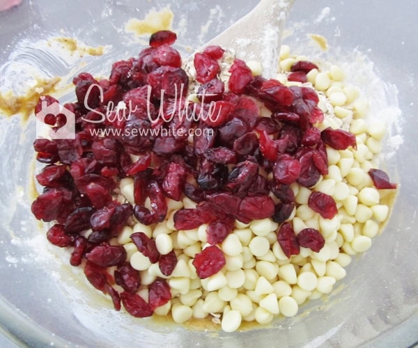 Dried cranberries and white chocolate ready to be mixed in to the cookies.