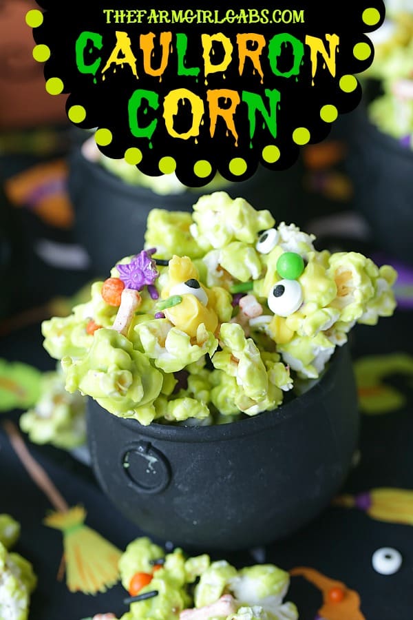 Double, double toil and trouble, Fire burn, and cauldron bubble. Stir up a batch of this ghoulish Cauldron Corn for some Halloween fun. #Halloween #Halloweenparty #HalloweenCandy #Snacks #Popcorn