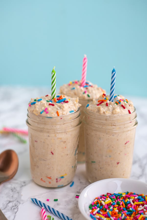 Birthday Cake Overnight Oats With Peanut Butter On Top