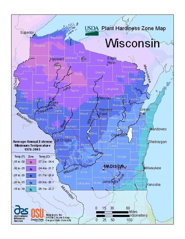 Wisconsin plant hardiness map