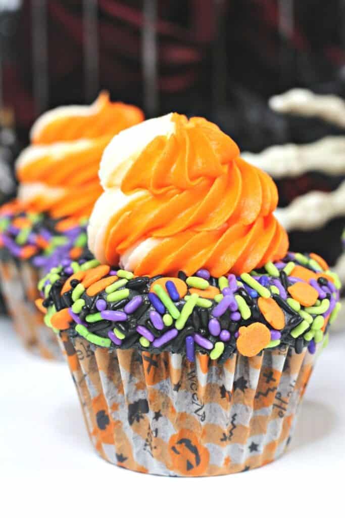 It's not Halloween without a sweet treat. These Halloween Sprinkle Cupcakes are and easy Halloween treat everyone will enjoy.