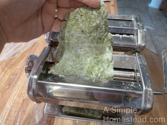 Spinach pasta dough - rolling in machine