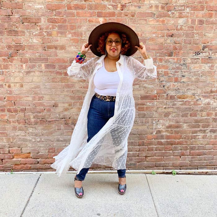 boho look inspiration: sheer cardigan, jeans, fedora hat, bangles and belt | 40plusstyle.com