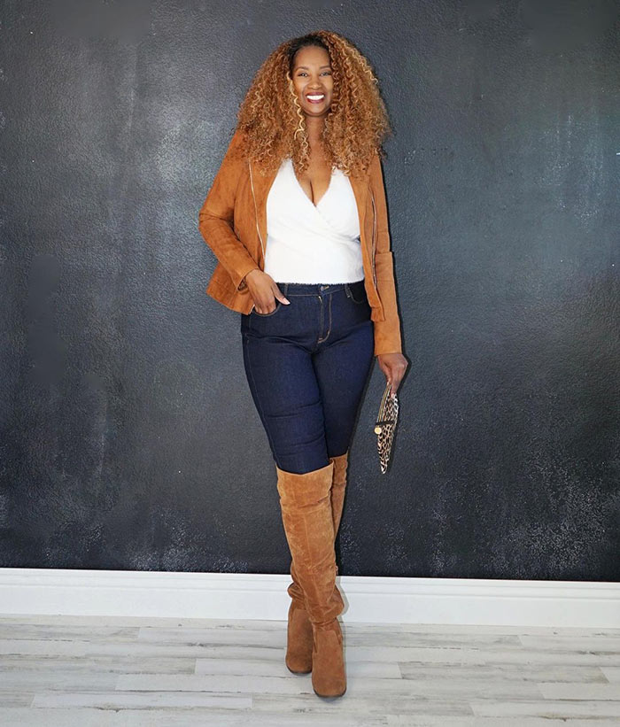Tanasha wears a tan moto jacket and matching boots | 40plusstyle.com
