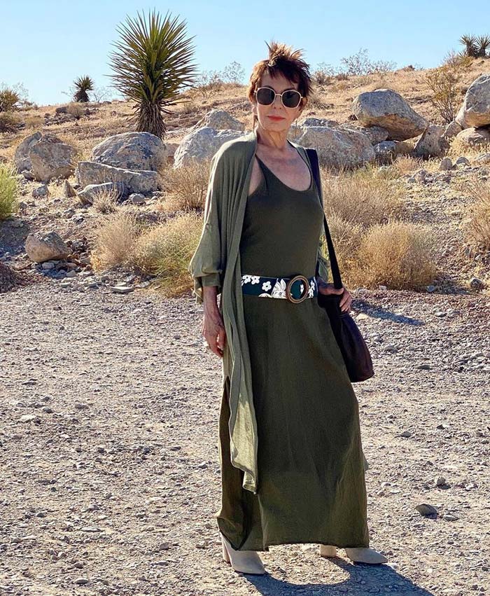 Dorrie in maxi tank top, cardigan, booties and boho accessories | 40plusstyle.com