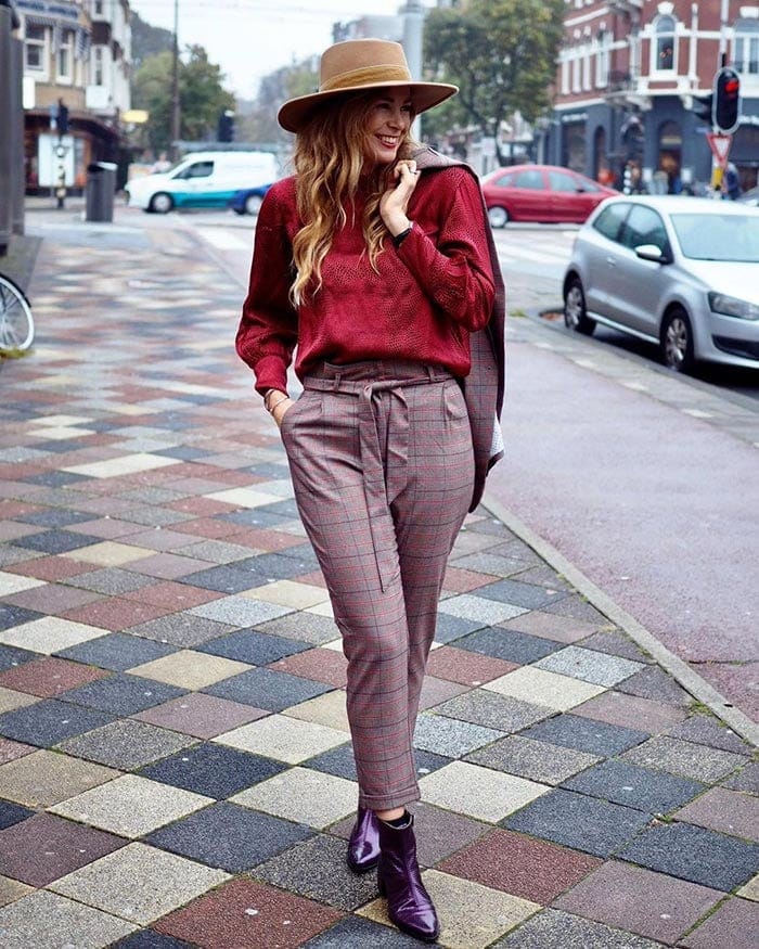 Claudia wearing purple and red | 40plusstyle.com
