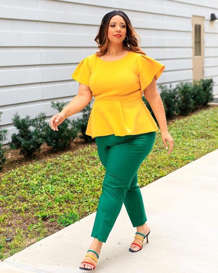 Estrella wears a yellow and green outfit | 40plusstyle.com
