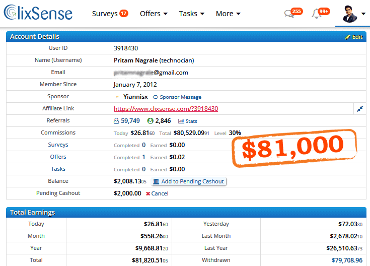 12 Latest Online Jobs From Home Without Investment Earn 1000 Daily - yo can see i joined clixsense in 2012 and i have earned more than 81 000 in last 7 years from this single website