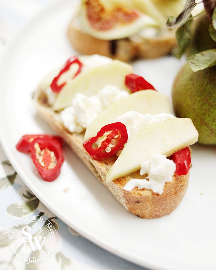 Pears on Toast - Mozzarella and Chilli. Drizzled with olive oil ready to eat.