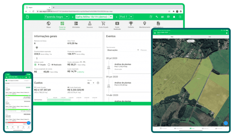 Software de gestão agrícola Aegro para computador, celular e tablet