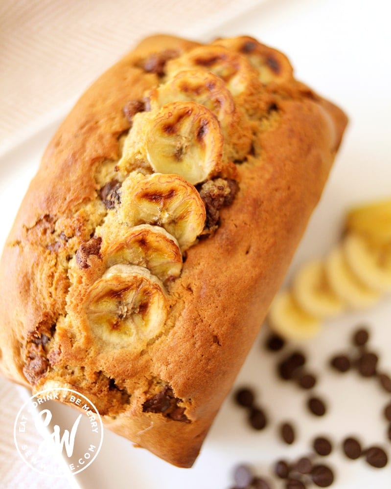 Close up of the caramalised banana slices on the banana bread with chocolate chips