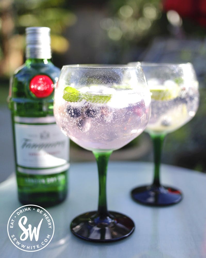 light pink purple blueberry gin and tonic with fresh blueberries and mint leaves in green stemed glasses.