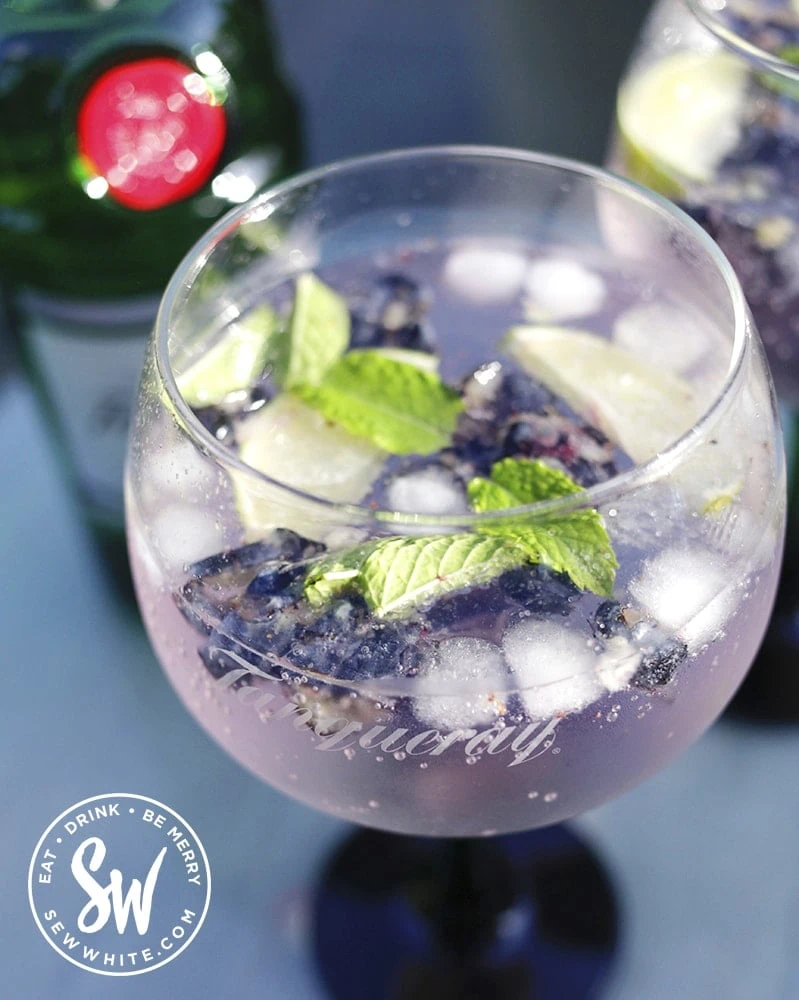 Tanqueray gin glasses and bottle of gin. Blueberry gin and tonic served on a glass table.