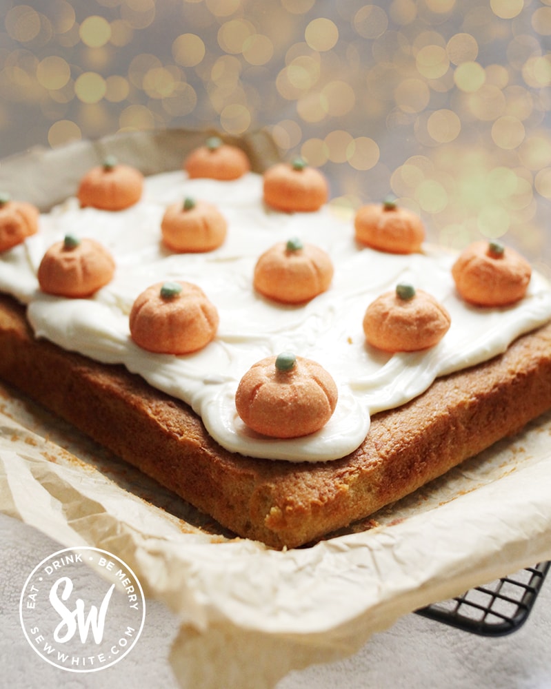 pumpkin sponge cake with pumpkin puree topped with mini pumpkin candy