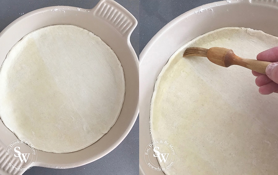 How to prepare the puff pastry for the Balsamic Vanilla Strawberry Tart in the round le creuset stoneware oven proof dish.