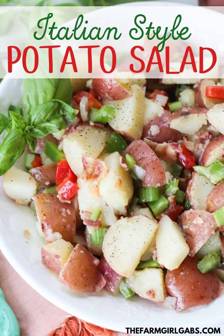 This flavorful Italian Potato salad is always a staple at any summer gathering I host. It's perfect for summer parties, potlucks or just as a simple side dish.....and it has bacon in it! Enough said!