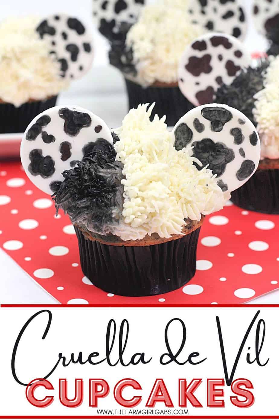 These Disney Cupcakes are inspired by the upcoming Disney movie Cruella. Make a batch of these Cruella de Vil cupcakes and celebrate the wickedness. This easy cupcake recipe is perfect for Disney fans. I love making Disney recipes at home. This Disney cupcake recipe is easy to make and easy to decorate. Celebrate your inner Disney Villain and whip up a batch of these Cruella cupcakes. These cupcakes are perfect for a 101 Dalmatians Party.