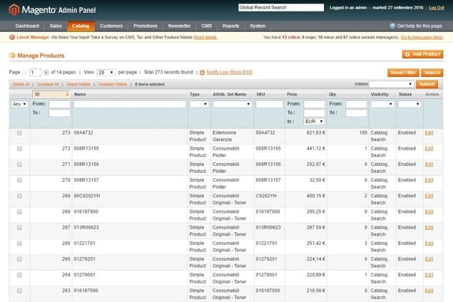 Pannello backoffice magento